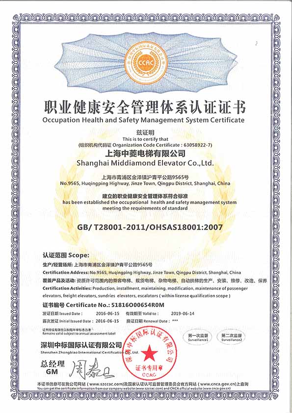职业健康安全管理体系认证证书
